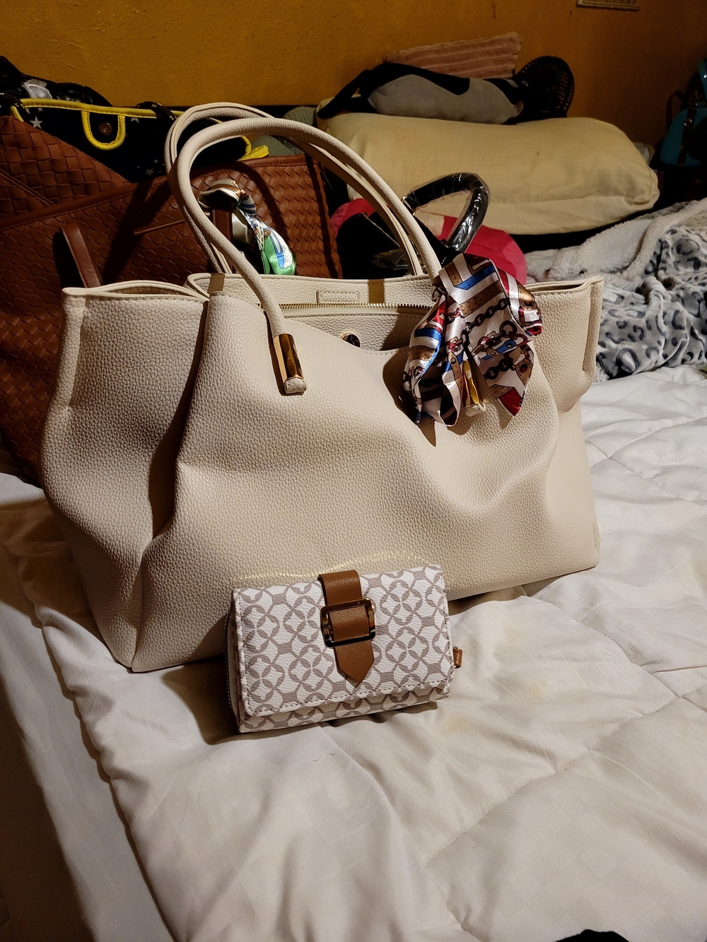 Cream Pebbled Tote Bag with Scarf Detail